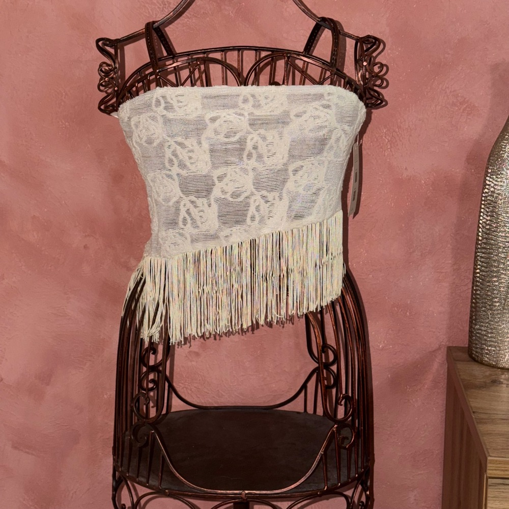 Musera Floral Lace Fringe Tube Top Cream Ivory Strapless Asymmetrical Crop Top